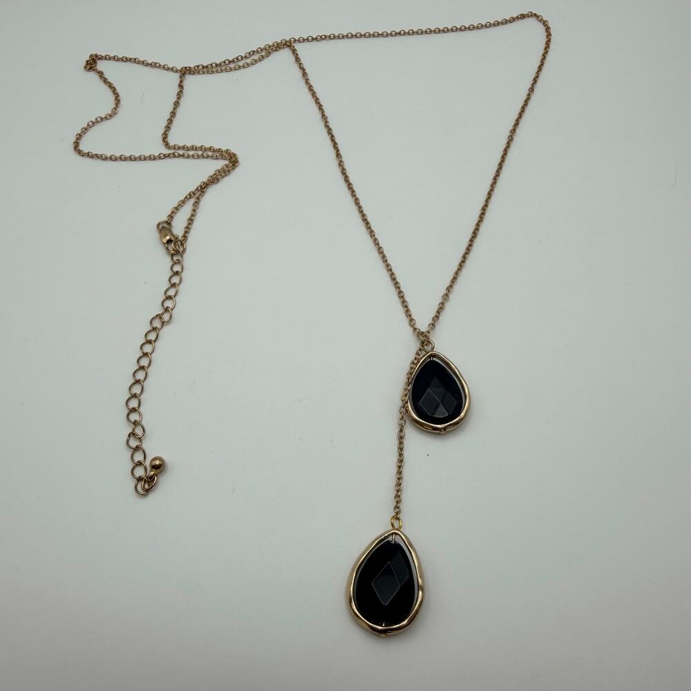 3/$25 - Gold Tone Black Stone Y Necklace Double Drop Pendant Adjustable - Picture 2 of 3
